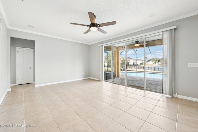 unfurnished room with crown molding, light tile patterned flooring, ceiling fan, and a textured ceiling