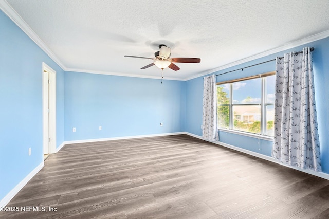 spare room featuring crown molding, ceiling fan, hardwood / wood-style flooring, and a textured ceiling