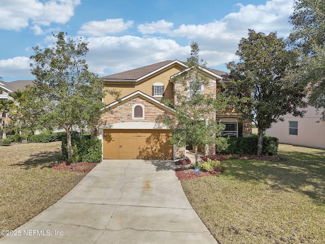 view of front of house with a garage and a front lawn