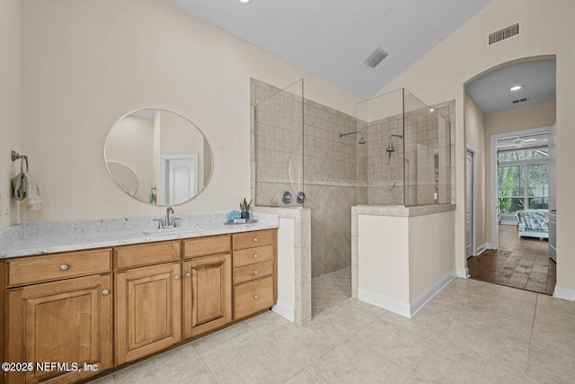 bathroom with tile patterned flooring, vanity, a textured ceiling, and vaulted ceiling