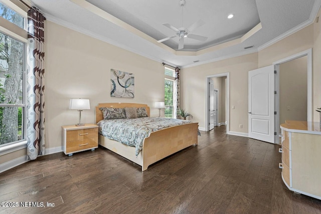 bedroom with ceiling fan, a tray ceiling, dark hardwood / wood-style flooring, and crown molding