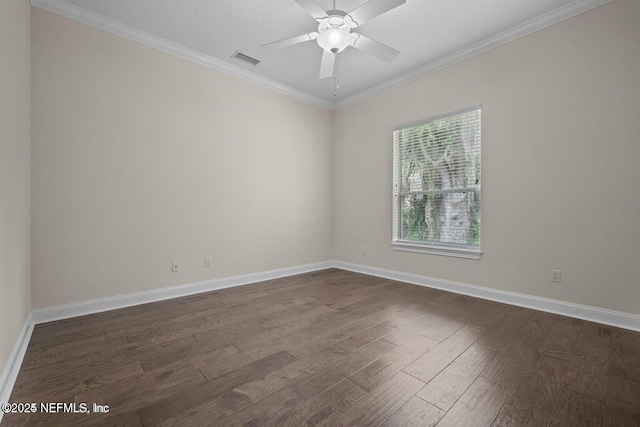 spare room featuring ceiling fan, crown molding, dark hardwood / wood-style floors, and a textured ceiling