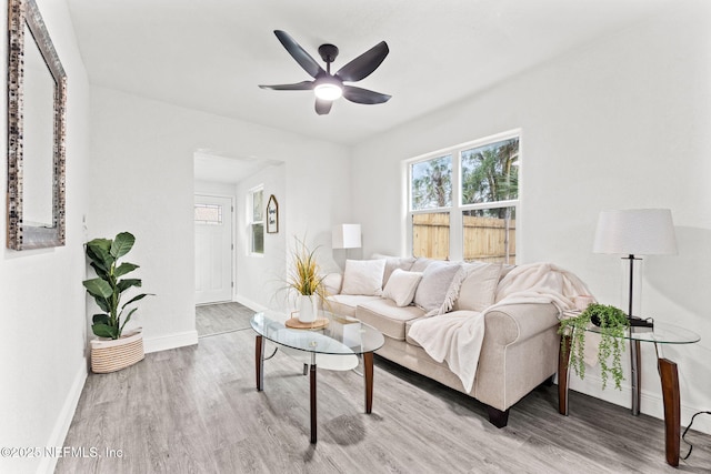 living room featuring ceiling fan and hardwood / wood-style floors