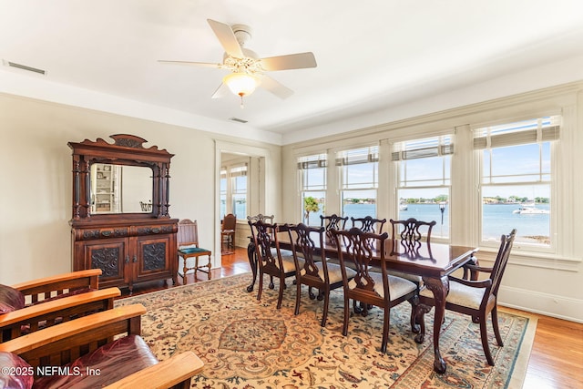 dining area featuring light hardwood / wood-style floors, ceiling fan, and a water view