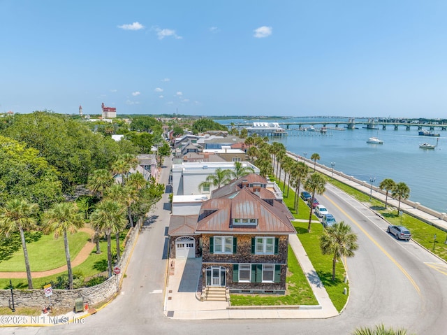 aerial view featuring a water view