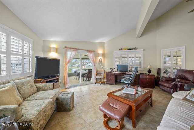 tiled living room featuring a healthy amount of sunlight, a textured ceiling, and vaulted ceiling with beams