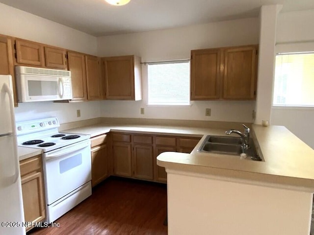 kitchen featuring sink, dark wood-type flooring, white appliances, and kitchen peninsula