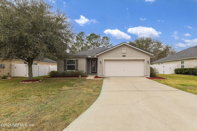 single story home with a garage and a front lawn