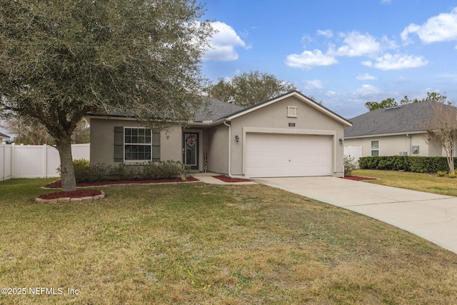 single story home with a garage and a front yard