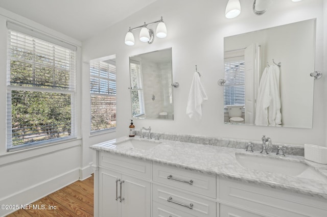 bathroom featuring vanity and hardwood / wood-style floors