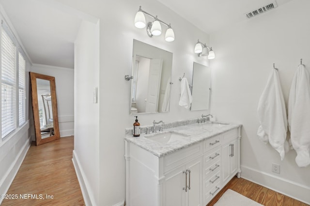 bathroom featuring vanity, wood-type flooring, and toilet