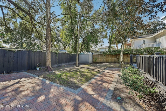 view of yard featuring a storage shed and a patio area