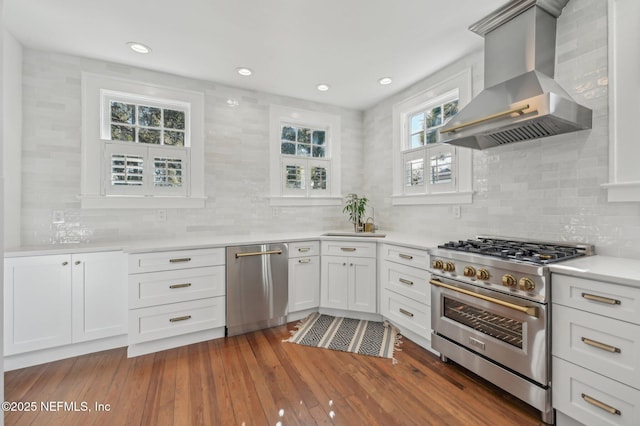 kitchen featuring dark wood-type flooring, white cabinetry, stainless steel appliances, tasteful backsplash, and island range hood