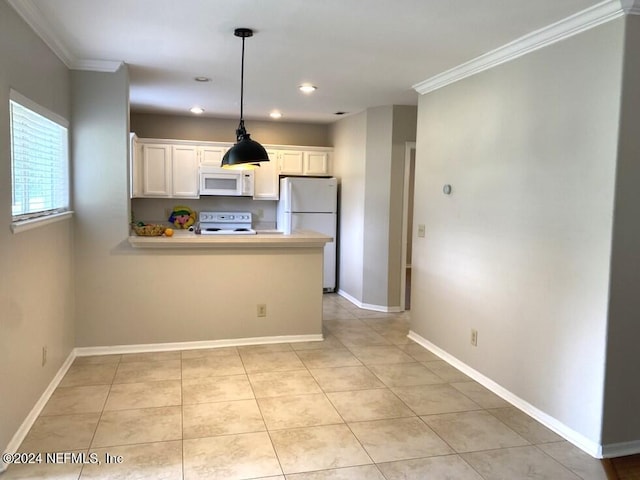 kitchen with pendant lighting, light tile patterned floors, white appliances, crown molding, and white cabinetry