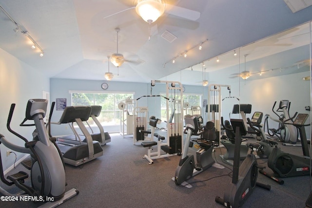 workout area featuring ceiling fan and vaulted ceiling