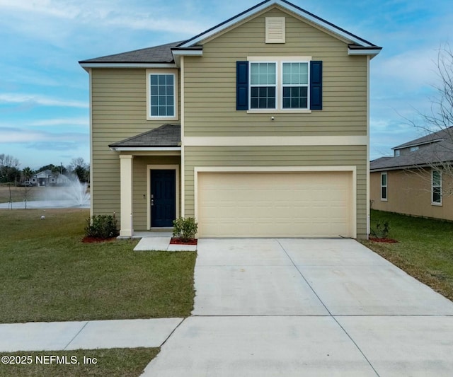 view of front property featuring a garage, a water view, and a front yard