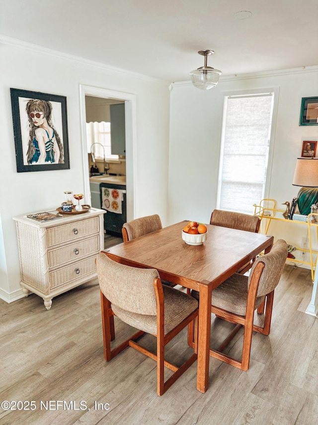 dining space with sink, light hardwood / wood-style flooring, and ornamental molding