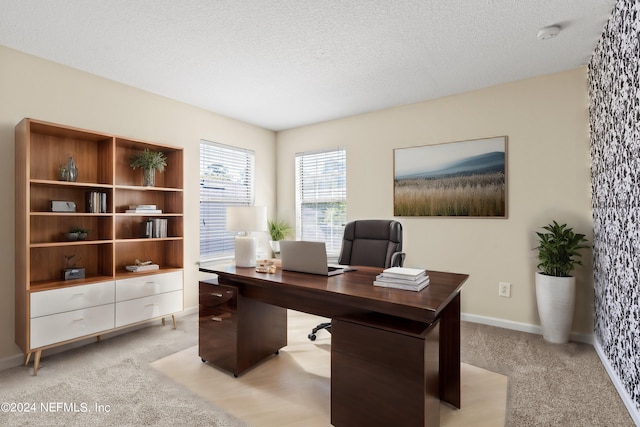 carpeted home office with a textured ceiling