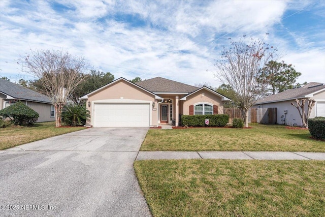 ranch-style home with a front yard and a garage