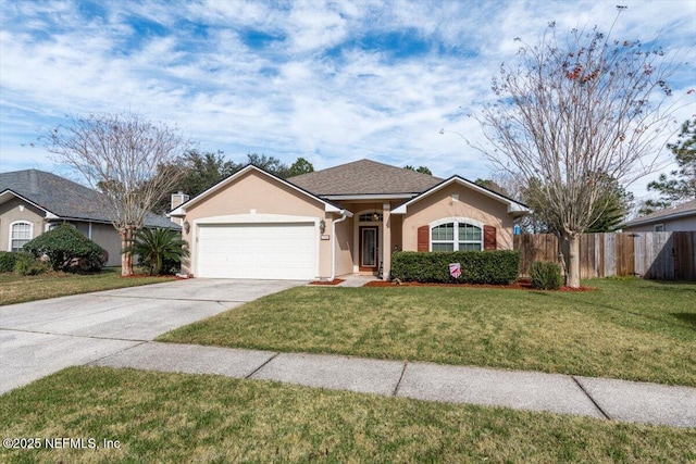 single story home with a garage and a front yard