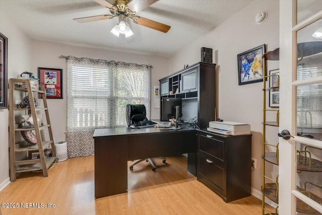 office area featuring ceiling fan, light hardwood / wood-style floors, and a textured ceiling