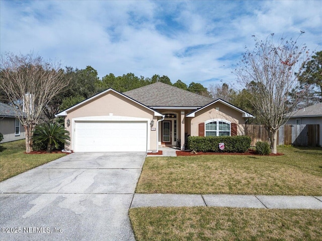 ranch-style house with a garage and a front lawn