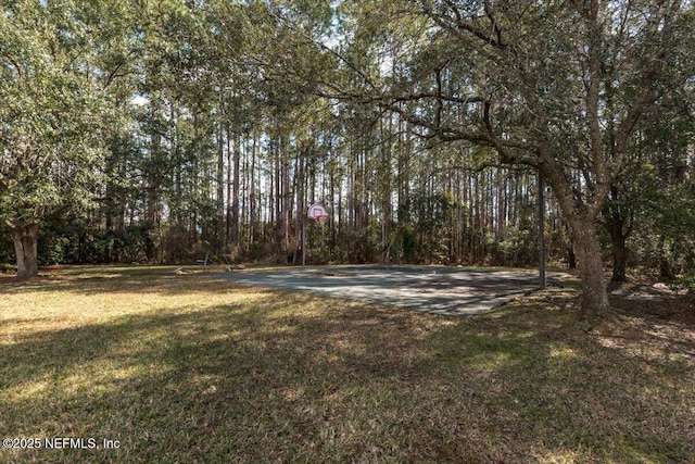 view of yard featuring basketball hoop