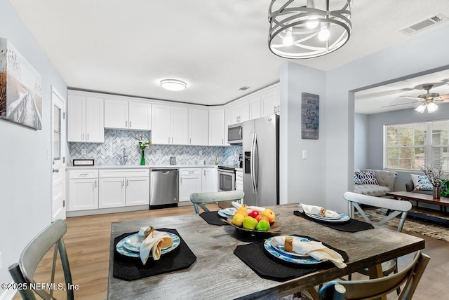 kitchen with decorative backsplash, white cabinets, light wood-type flooring, sink, and stainless steel appliances