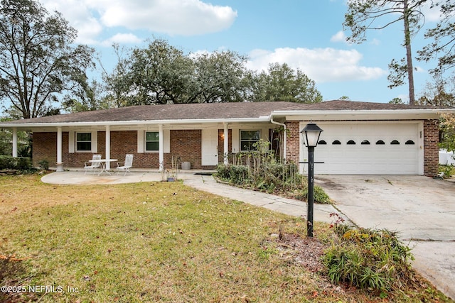 ranch-style house with a porch, a garage, and a front lawn