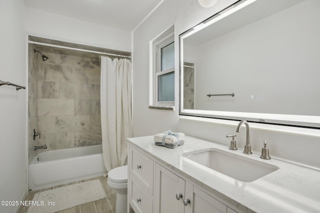 full bathroom with vanity, hardwood / wood-style floors, shower / bath combination with curtain, and toilet