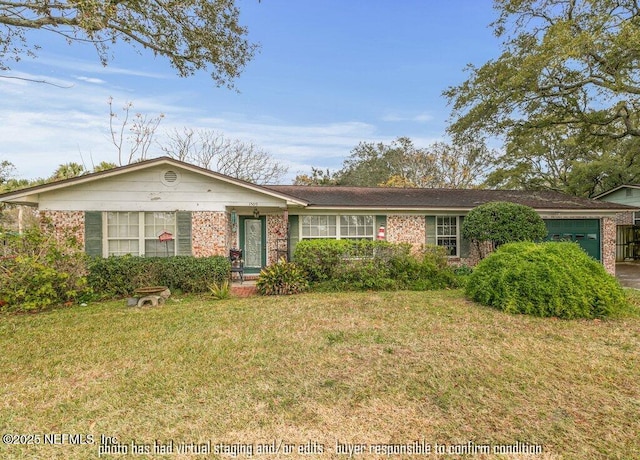 single story home featuring a garage and a front lawn