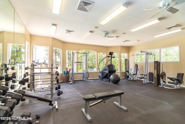 exercise room featuring a healthy amount of sunlight, ceiling fan, and a textured ceiling