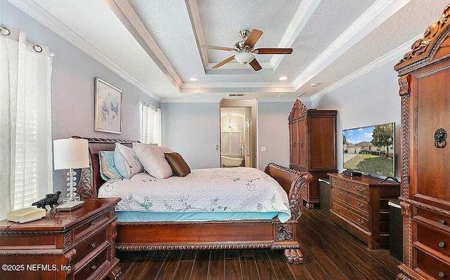 bedroom featuring dark hardwood / wood-style floors, ornamental molding, a raised ceiling, and ceiling fan