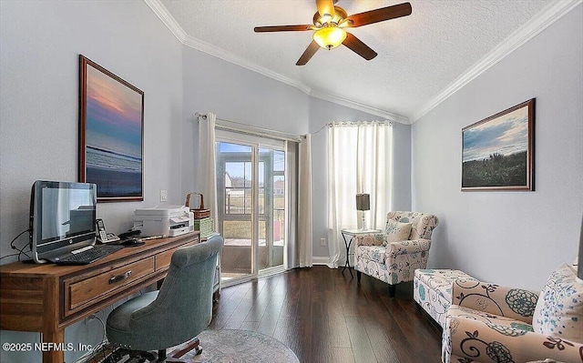 office with lofted ceiling, dark hardwood / wood-style flooring, ceiling fan, crown molding, and a textured ceiling