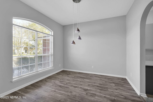 unfurnished dining area featuring dark wood-type flooring