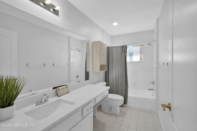 full bathroom with toilet, tile patterned floors, vanity, and shower / tub combo