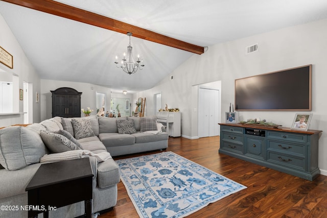 living room featuring dark hardwood / wood-style floors, vaulted ceiling with beams, and a notable chandelier