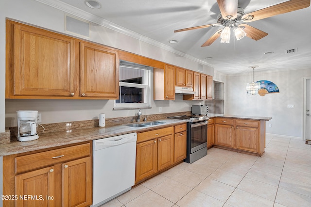 kitchen with sink, light stone counters, stainless steel range with electric stovetop, dishwasher, and pendant lighting