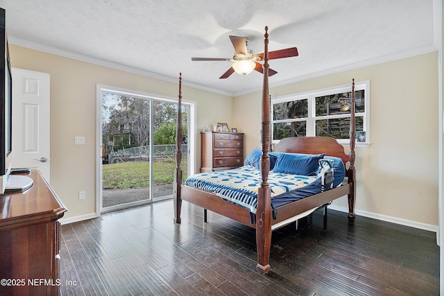 bedroom featuring crown molding, dark hardwood / wood-style floors, access to exterior, and ceiling fan