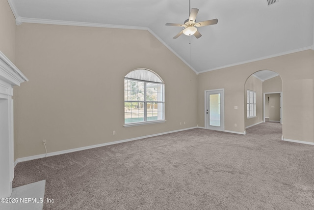 unfurnished living room featuring crown molding, light colored carpet, ceiling fan, and high vaulted ceiling