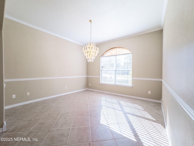 tiled empty room with ornamental molding and a notable chandelier