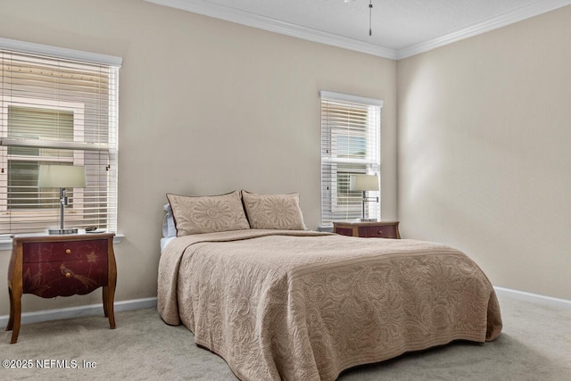 carpeted bedroom with ornamental molding