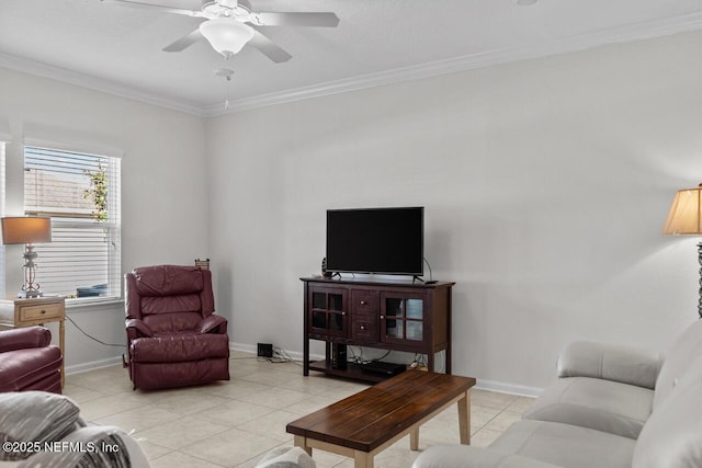 tiled living room with crown molding and ceiling fan