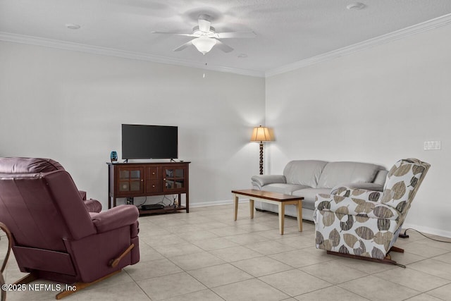 living room featuring ceiling fan, crown molding, and light tile patterned floors