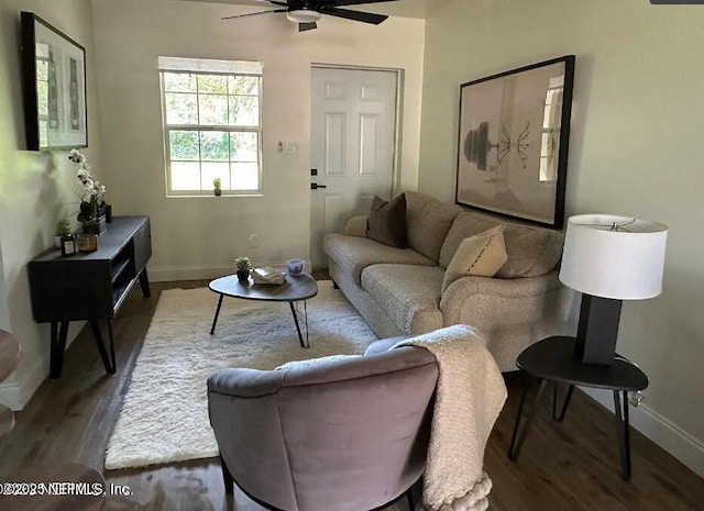 living room with hardwood / wood-style flooring and ceiling fan