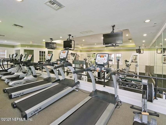 gym featuring a tray ceiling