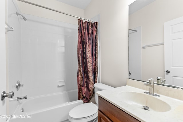 full bathroom with vanity, toilet, and shower / bath combo with shower curtain