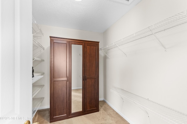 spacious closet featuring light colored carpet