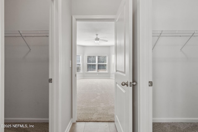 spacious closet with ceiling fan and light colored carpet