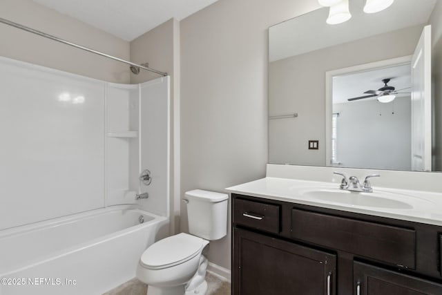 full bathroom with vanity, ceiling fan, shower / bathtub combination, and toilet